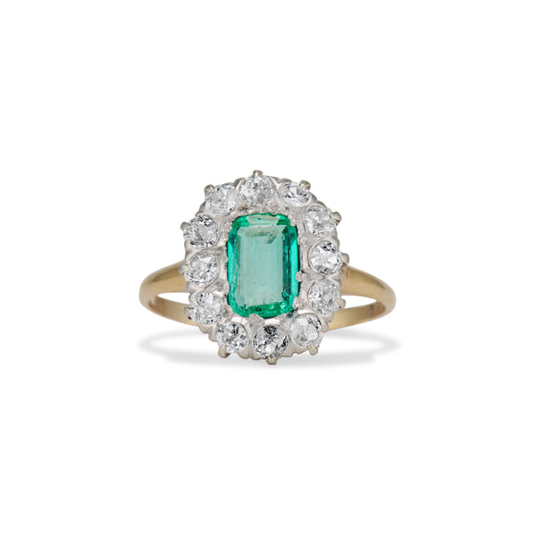 Emerald and Old Mine Cut Diamond Cluster Ring