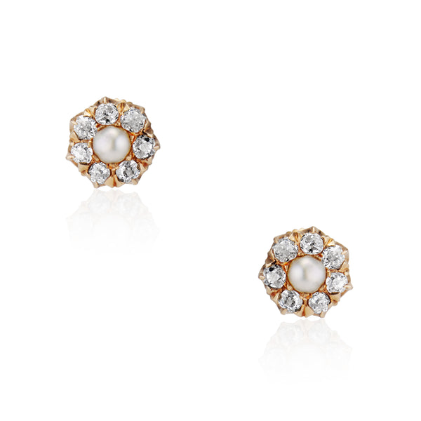 Old Mine Cut Diamond and Pearl Cluster Earrings