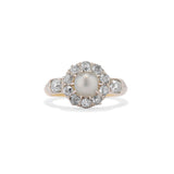 Edwardian Pearl and Old Mine Cut Diamond Cluster Ring