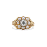 Old Mine Cut Diamond Pearl Halo Ring