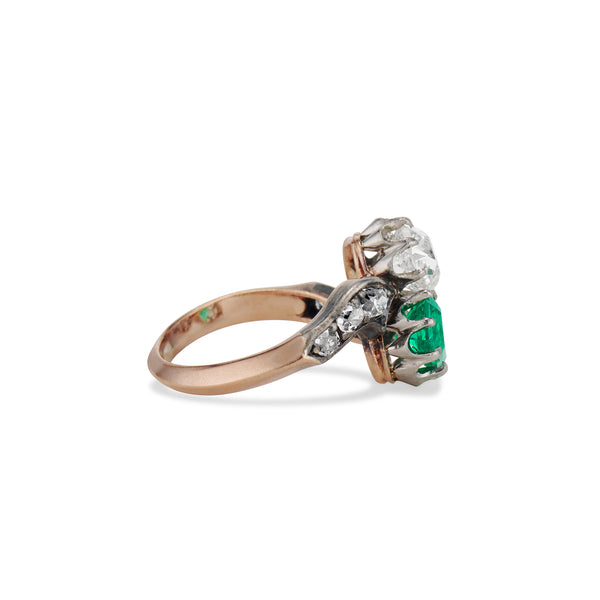 Edwardian Emerald and Old Mine Cut Toi Et Moi Ring