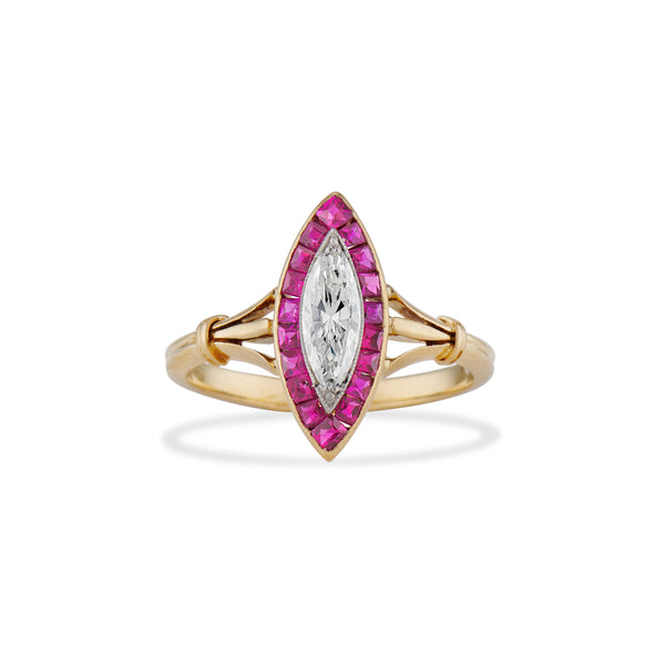 Belle Epoque Marquise Diamond and Ruby Ring