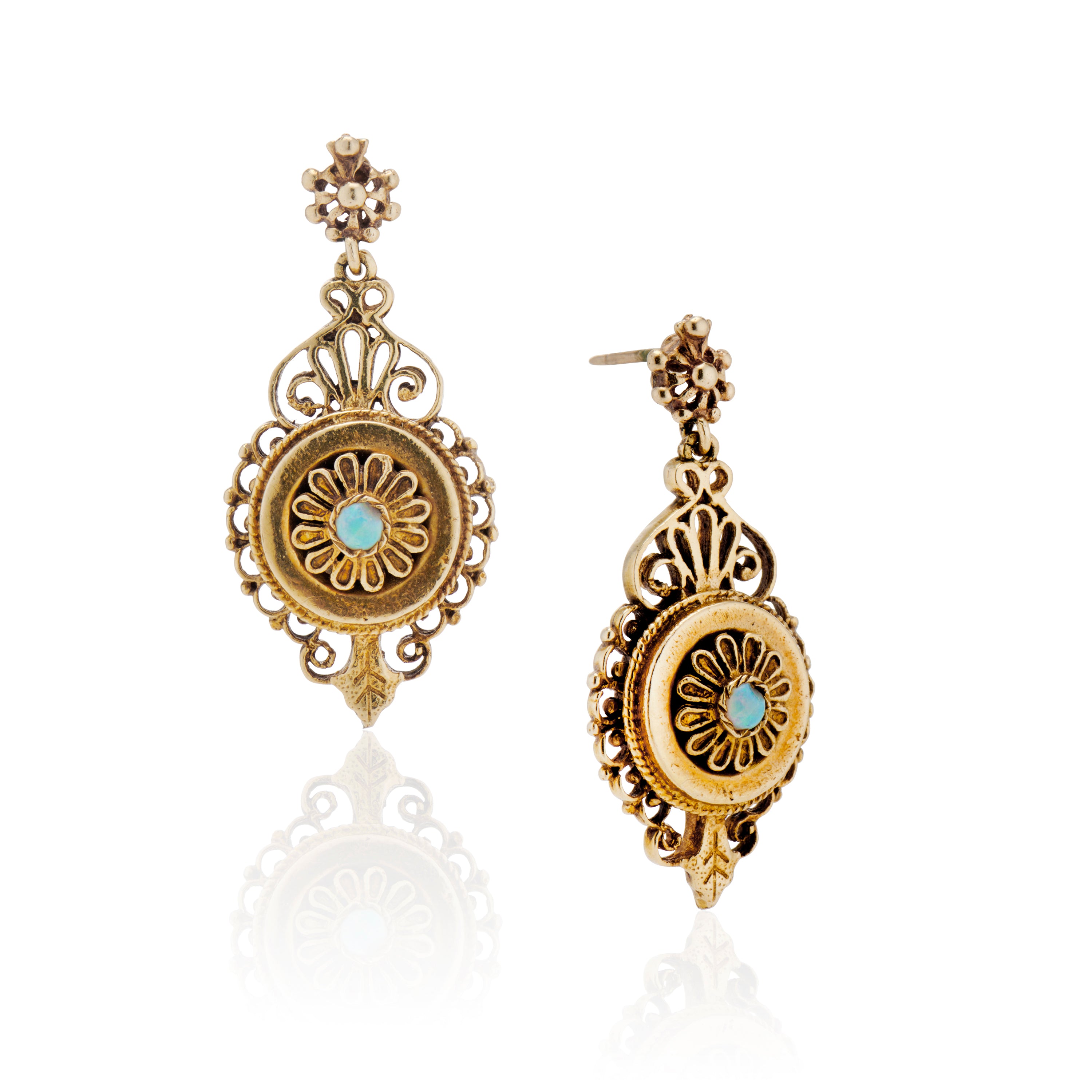 Boucles D'oreilles Vintage En Opale Et Or Jaune 14k - Design Dentelle Filigrane Rond - Neuf Avec étiquettes
