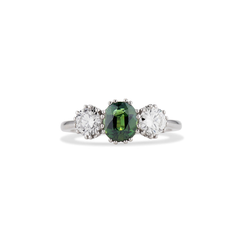 Three Stone Green Sapphire and Diamond Ring