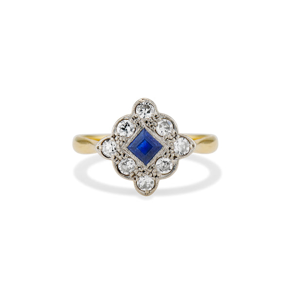 Antique Square Sapphire and Diamond Halo Ring
