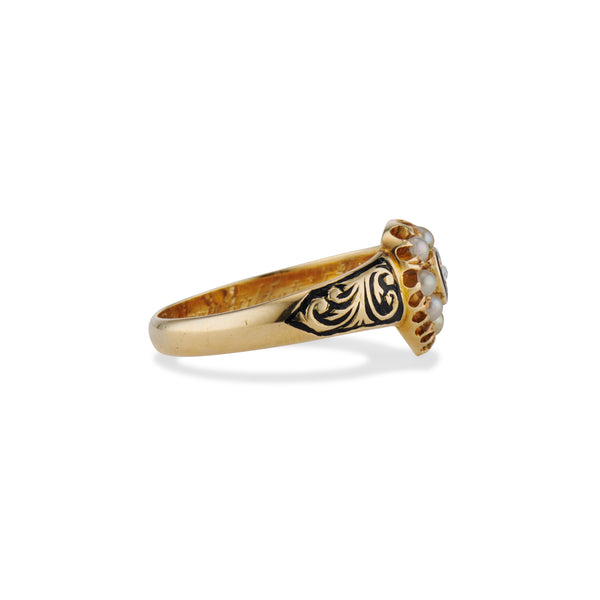 1905 Enamel and Pearl Heart Mourning Ring