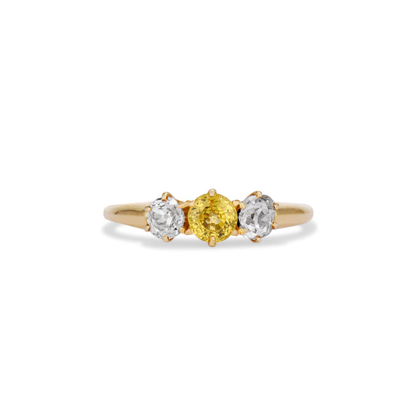 Yellow Sapphire and Old Mine Cut Diamond Three Stone Ring