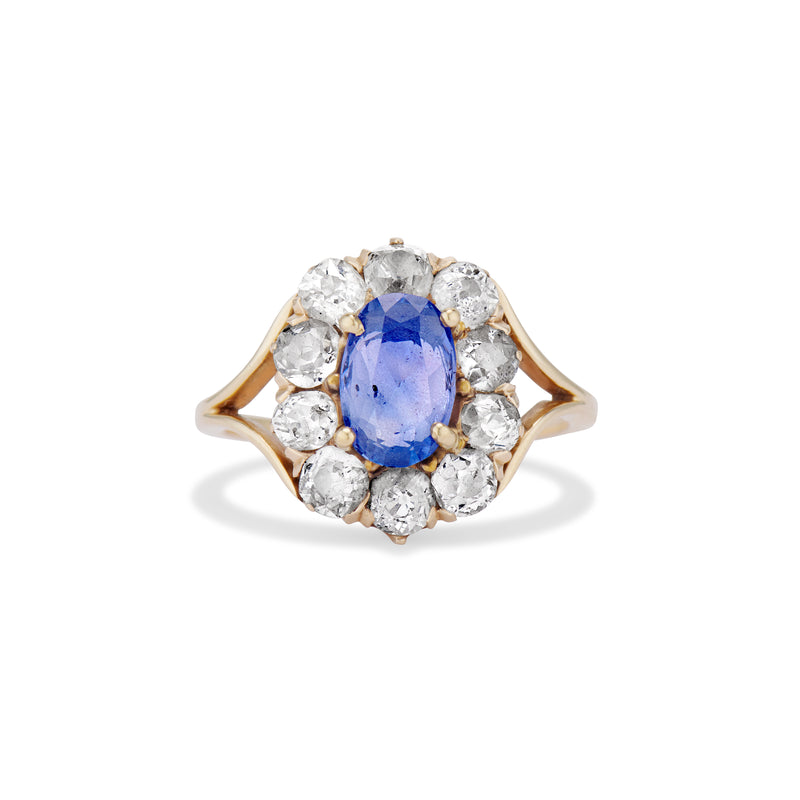 Edwardian Blue Sapphire and Diamond Halo Split Shank Ring