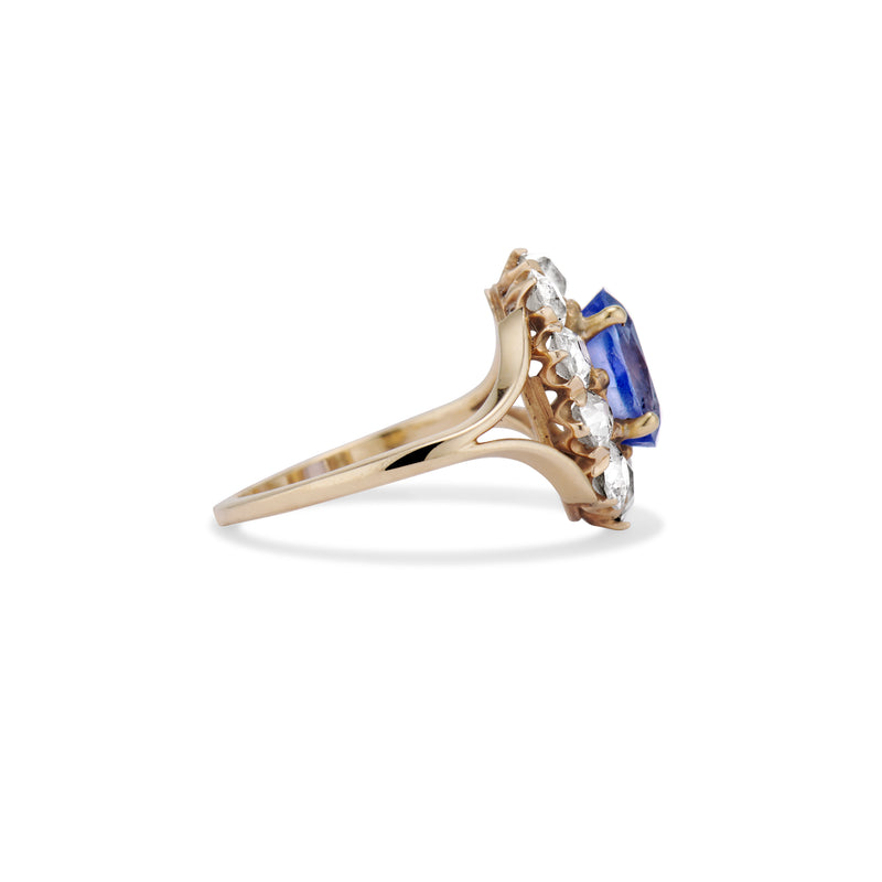 Edwardian Blue Sapphire and Diamond Halo Split Shank Ring