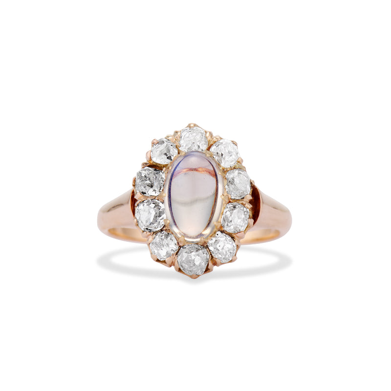 Late Victorian Moonstone and Old Mine Cut Diamond Cluster Ring