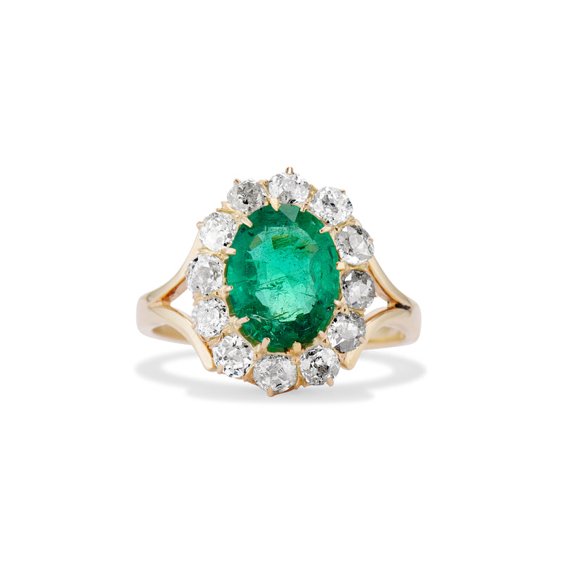 1.35 Carat Emerald and Old Mine Cut Diamond Cluster Ring
