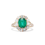 Edwardian 1.40 Carat Oval Cut Emerald and Old Mine Cut Diamond Halo Ring