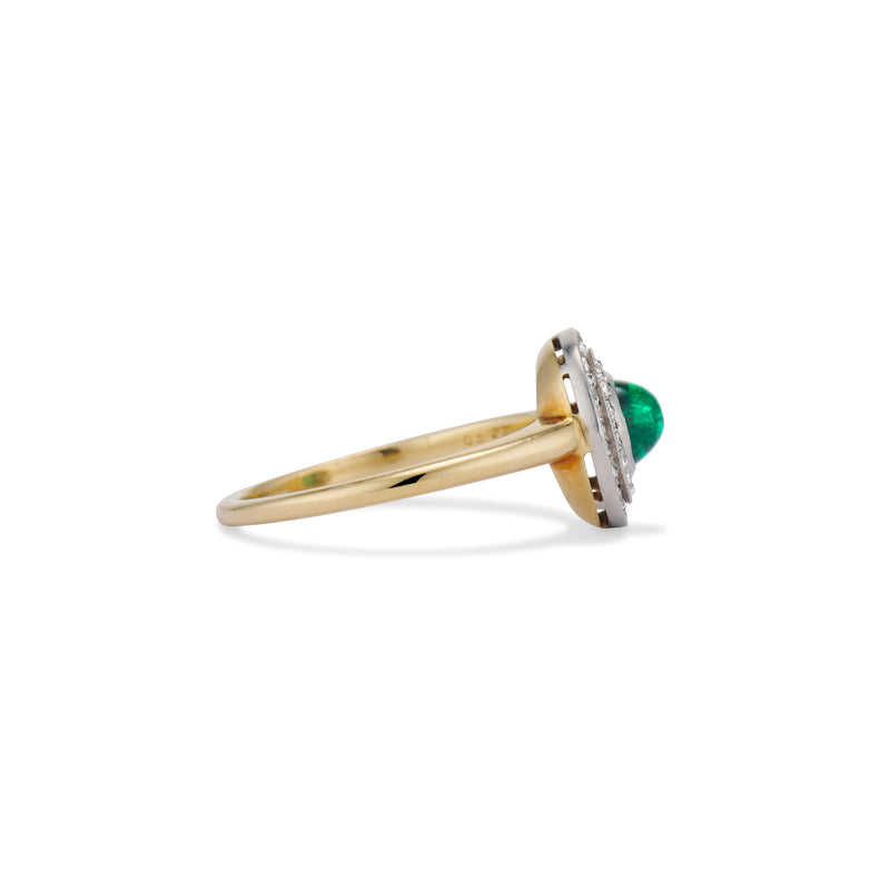 Old Mine Cut Diamond Double Halo Emerald Cabochon Ring