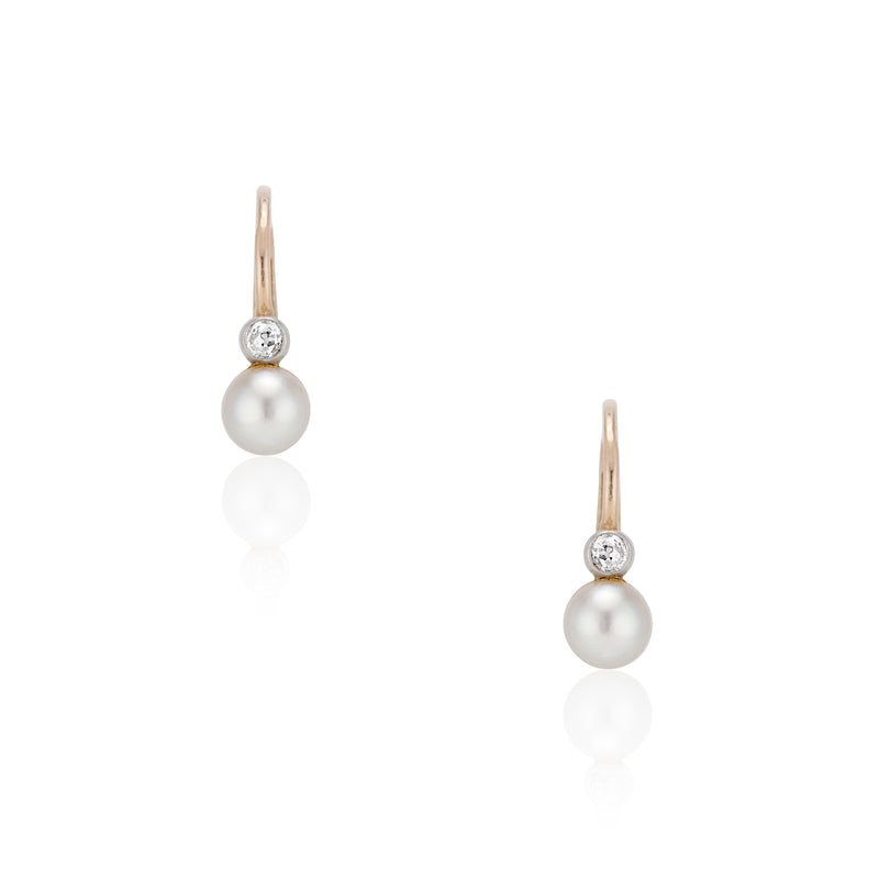 Mid Century Old Mine Cut Diamond and Petite Pearl Earrings