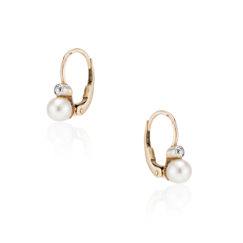 Mid Century Old Mine Cut Diamond and Petite Pearl Earrings