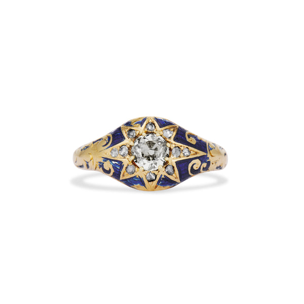 Victorian Blue Enamel Old Mine Cut Diamond Starburst Ring