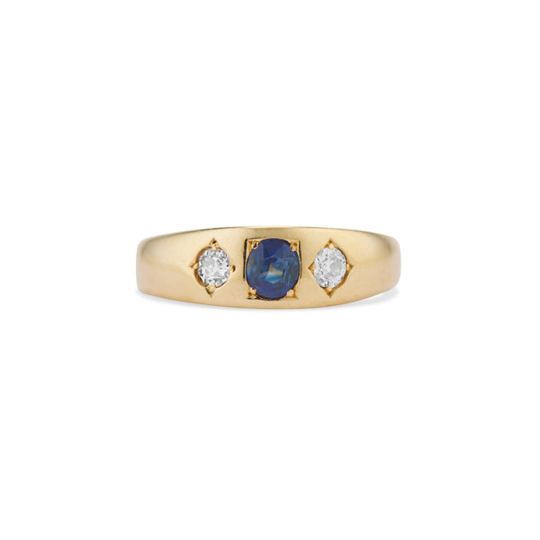 Carved Square Sapphire and Old Mine Cut Diamond Gypsy Ring