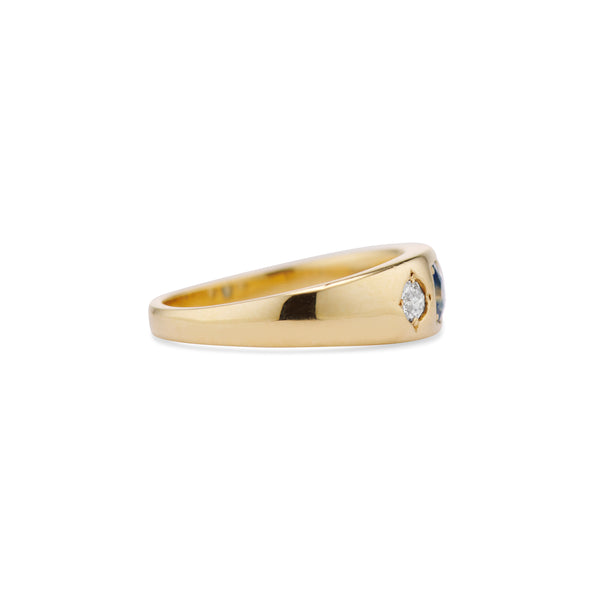 Carved Square Sapphire and Old Mine Cut Diamond Gypsy Ring