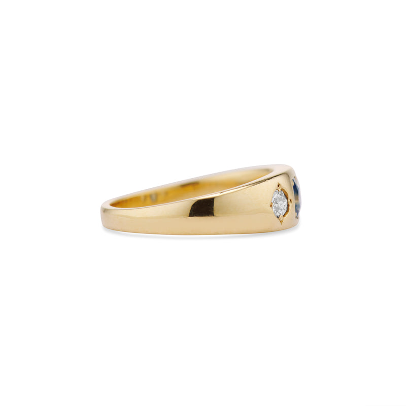 Carved Square Sapphire and Old Mine Cut Diamond Gypsy Ring