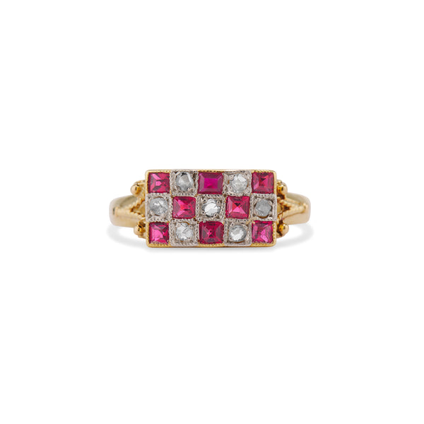 Late Victorian French Ruby and Diamond Checkerboard Ring