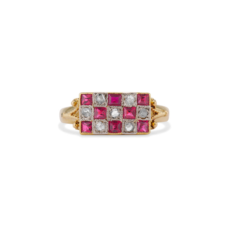 Late Victorian French Ruby and Diamond Checkerboard Ring
