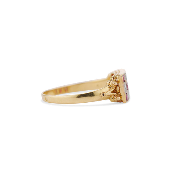 Late Victorian French Ruby and Diamond Checkerboard Ring