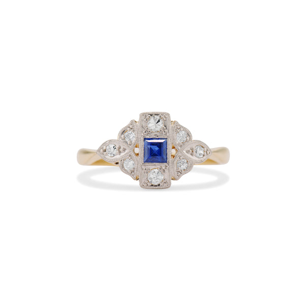 Carré Sapphire and Single Cut Diamond Halo Wreath Ring