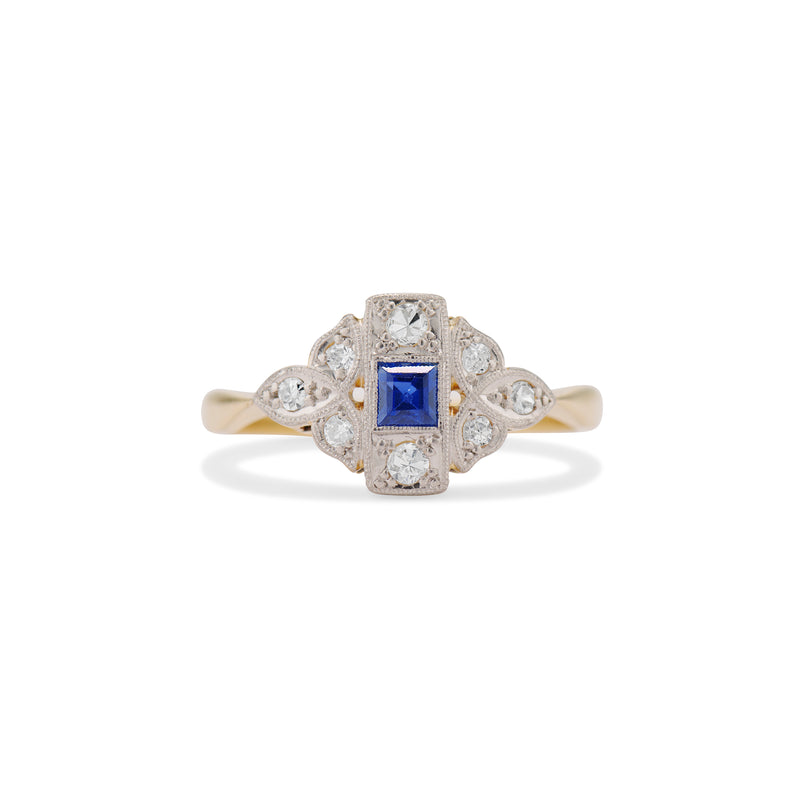 Carré Sapphire and Single Cut Diamond Halo Wreath Ring