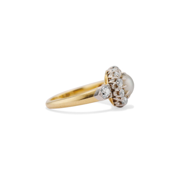 Edwardian Pearl and Old Mine Cut Diamond Cluster Ring