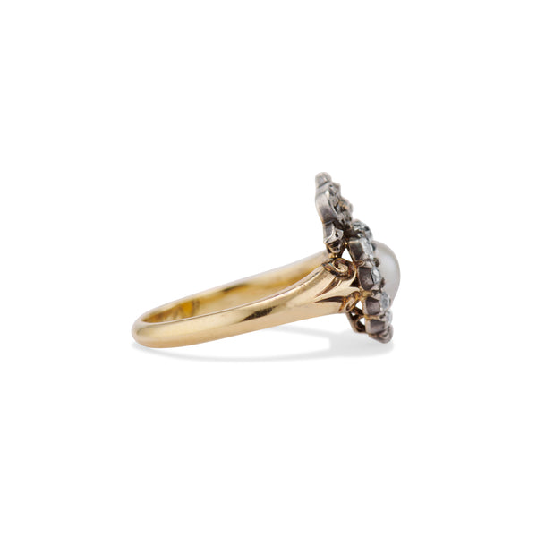 Victorian Pearl Drop and Diamond Bow Ring