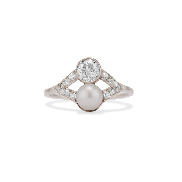 Art Deco Pearl and Diamond Split Shank Ring