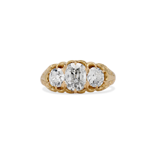 Carved Victorian Old Mine Three Stone Ring