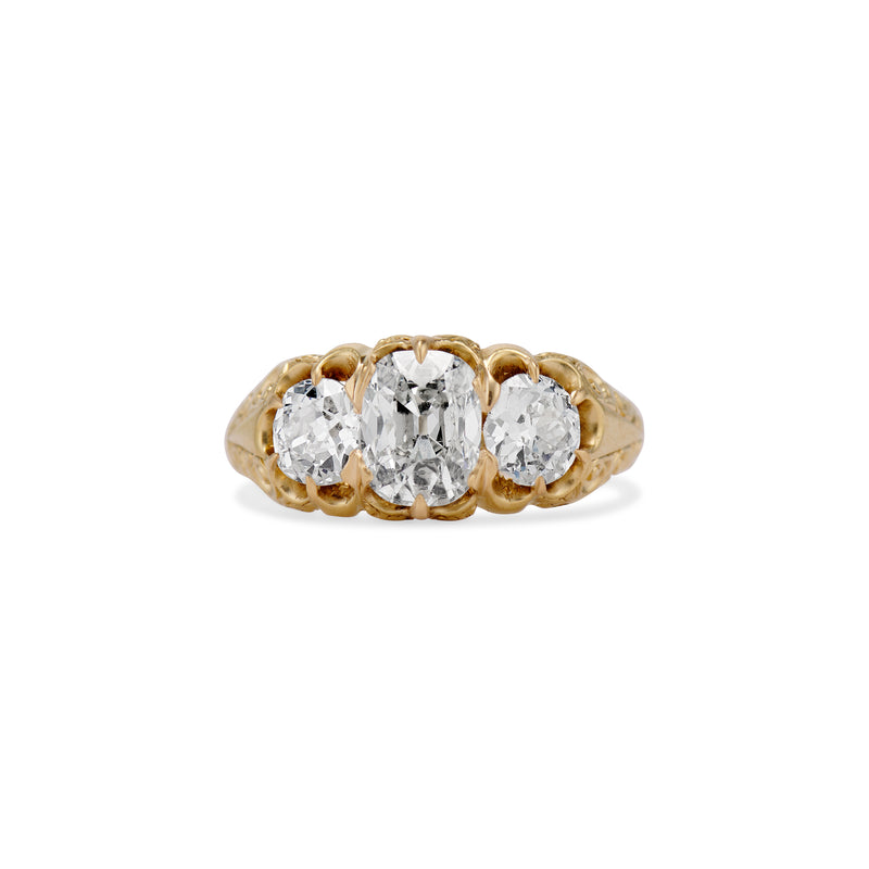Carved Victorian Old Mine Three Stone Ring