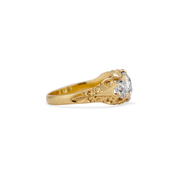 Carved Victorian Old Mine Three Stone Ring