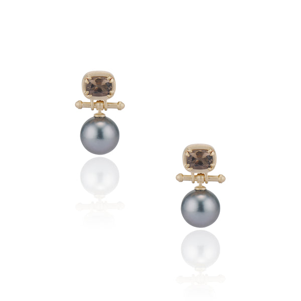 Old Mine Smoky Quartz and Gray Tahitian Pearl Lilah T Bar Earrings