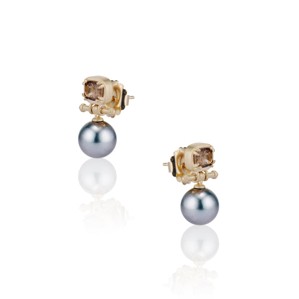 Old Mine Smoky Quartz and Gray Tahitian Pearl Lilah T Bar Earrings