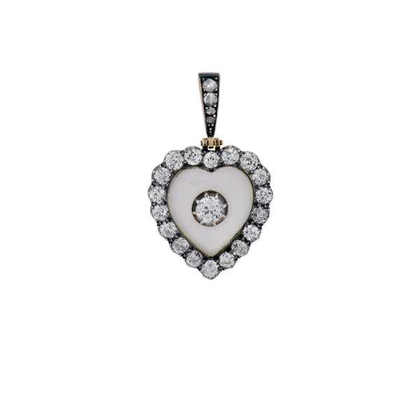 Victorian Frosted Rock Crystal and Old Mine Cut Diamond Heart Pendant