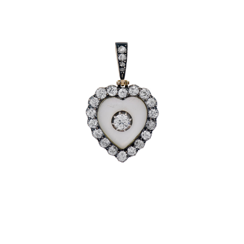 Victorian Frosted Rock Crystal and Old Mine Cut Diamond Heart Pendant
