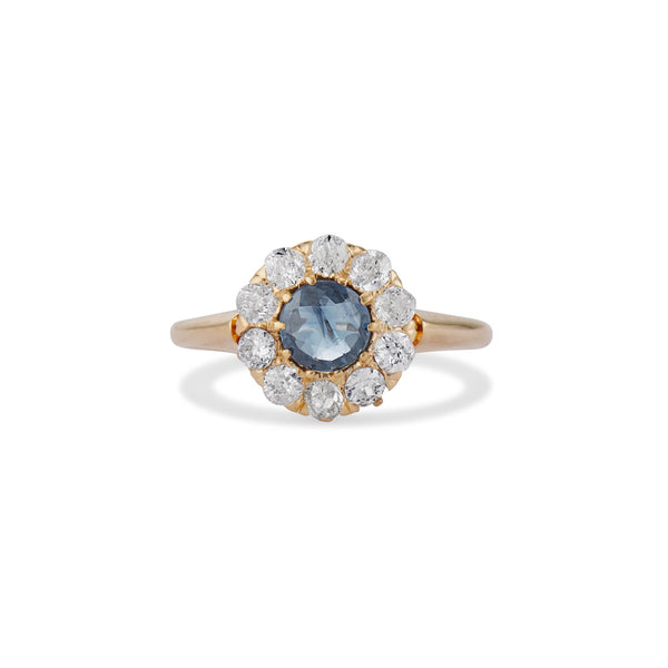 Sapphire and Old Mine Cut Diamond Cluster Ring