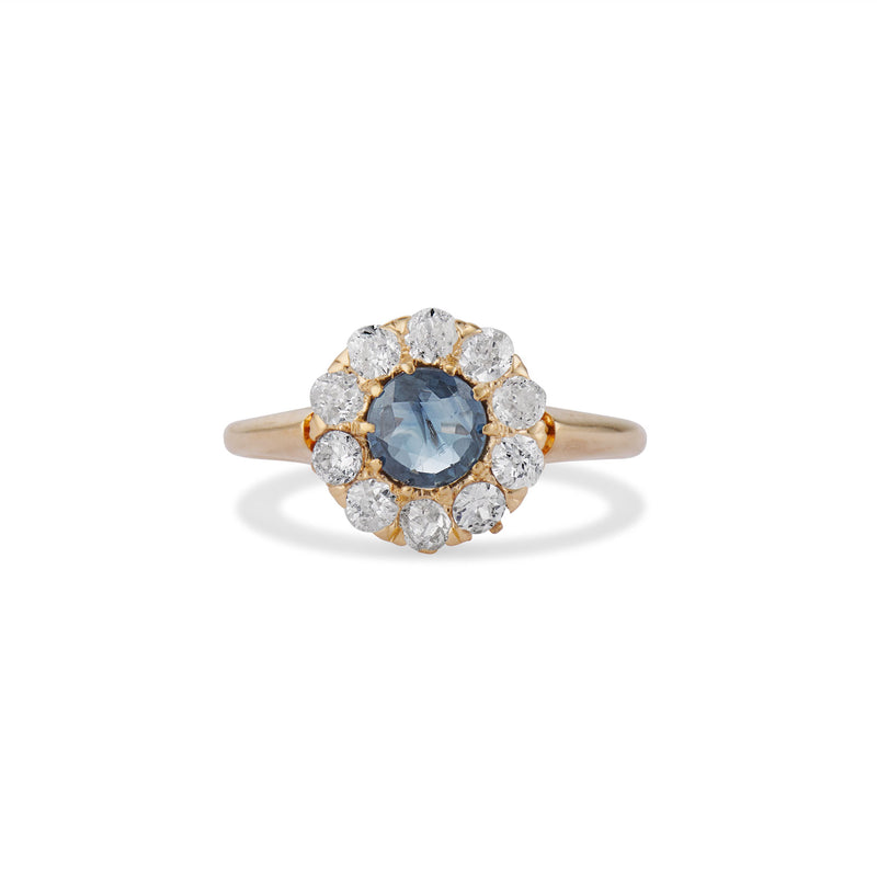 Sapphire and Old Mine Cut Diamond Cluster Ring