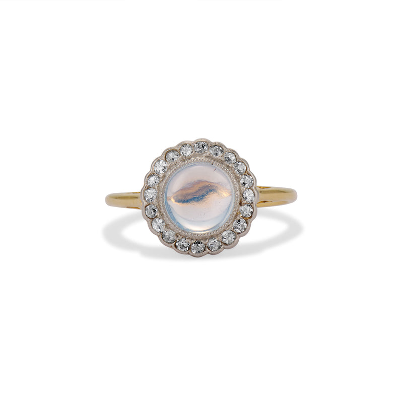 Art Deco Moonstone Cabochon and Diamond Halo Ring