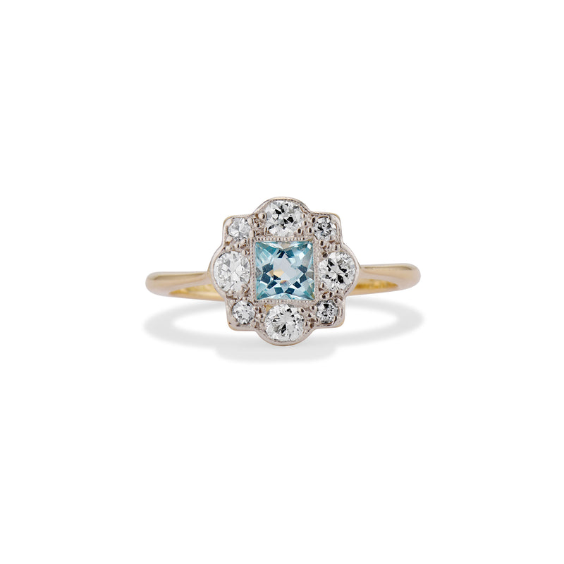 Art Deco French Cut Aquamarine and Diamond Engagement Ring