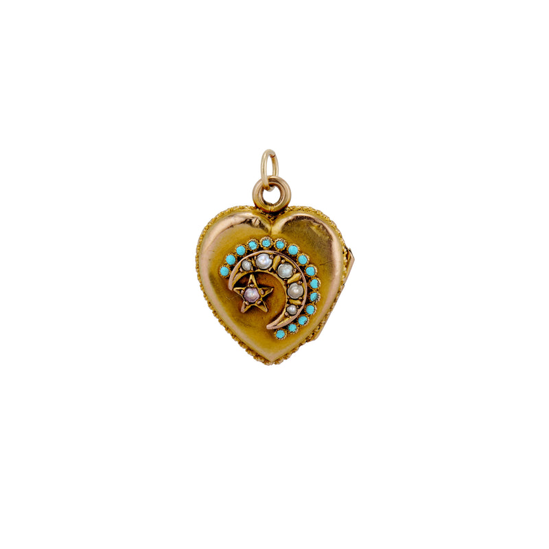 Estate Turquoise and Pearl Heart Shaped Locket With Star and Moon