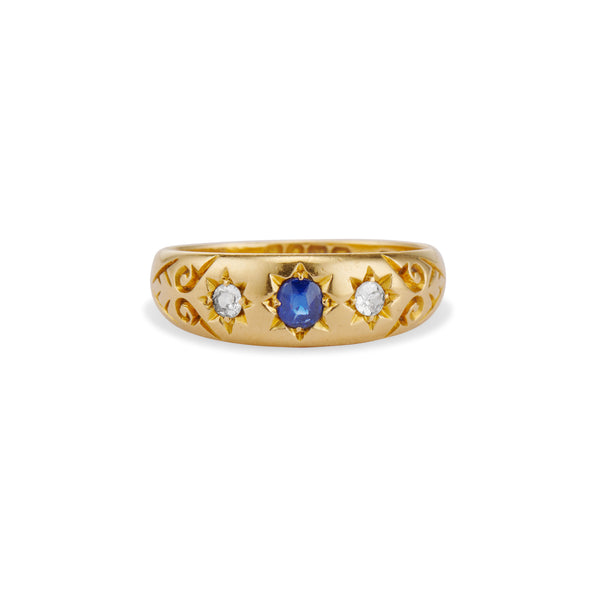 1902 Edwardian Sapphire and Diamond Carved Gypsy Star Ring