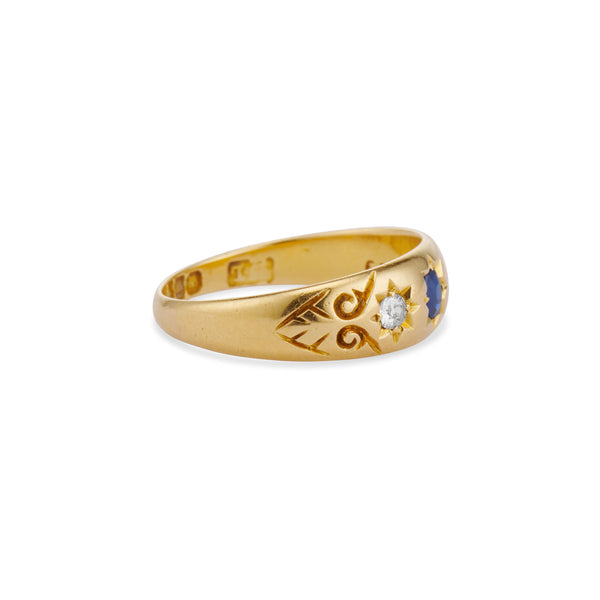 1902 Edwardian Sapphire and Diamond Carved Gypsy Star Ring