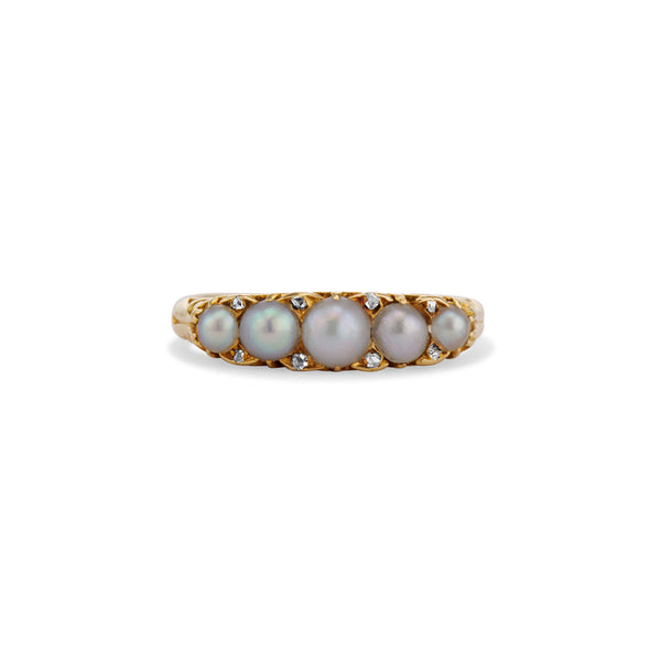 1880 Victorian Graduated Pearl and Rose Cut Diamond Half Hoop Ring