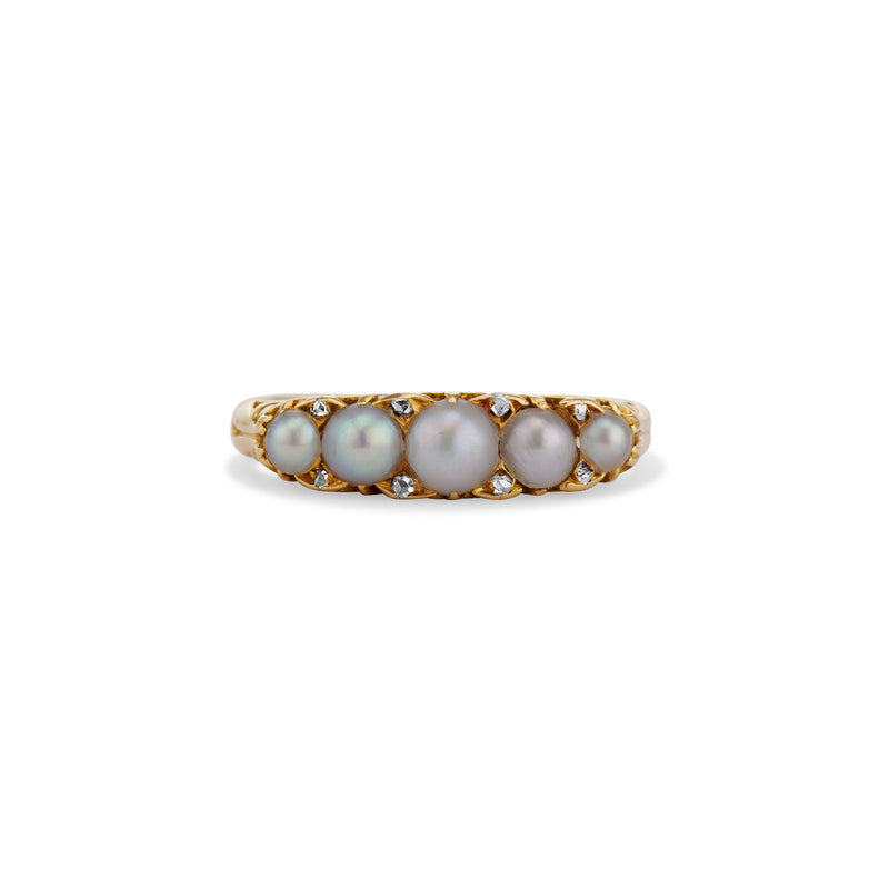 1880 Victorian Graduated Pearl and Rose Cut Diamond Half Hoop Ring