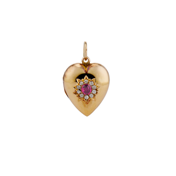 1900 Late Victorian Ruby and Diamond Heart Shaped Locket