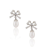 Estate Cultured Pearl and Diamond Bow Drop Earrings