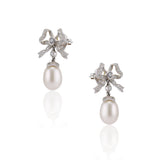 Estate Cultured Pearl and Diamond Bow Drop Earrings
